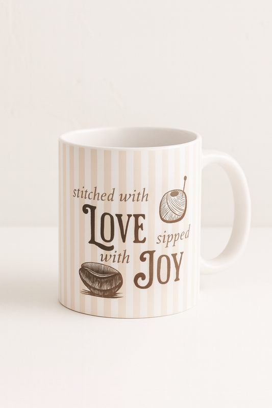 Crochet Coffee Mug – “Stitched with Love, Sipped with Joy” Cozy Yarn Lover Gift (11oz Ceramic)